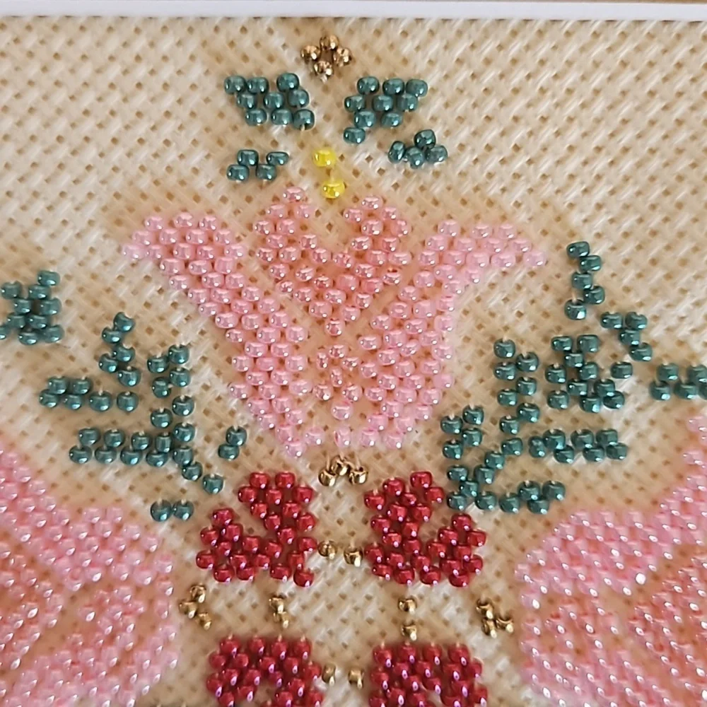 Hand Crafted Glass Beaded Art Floral Needlepoint Beadwork Pink Flower Framed